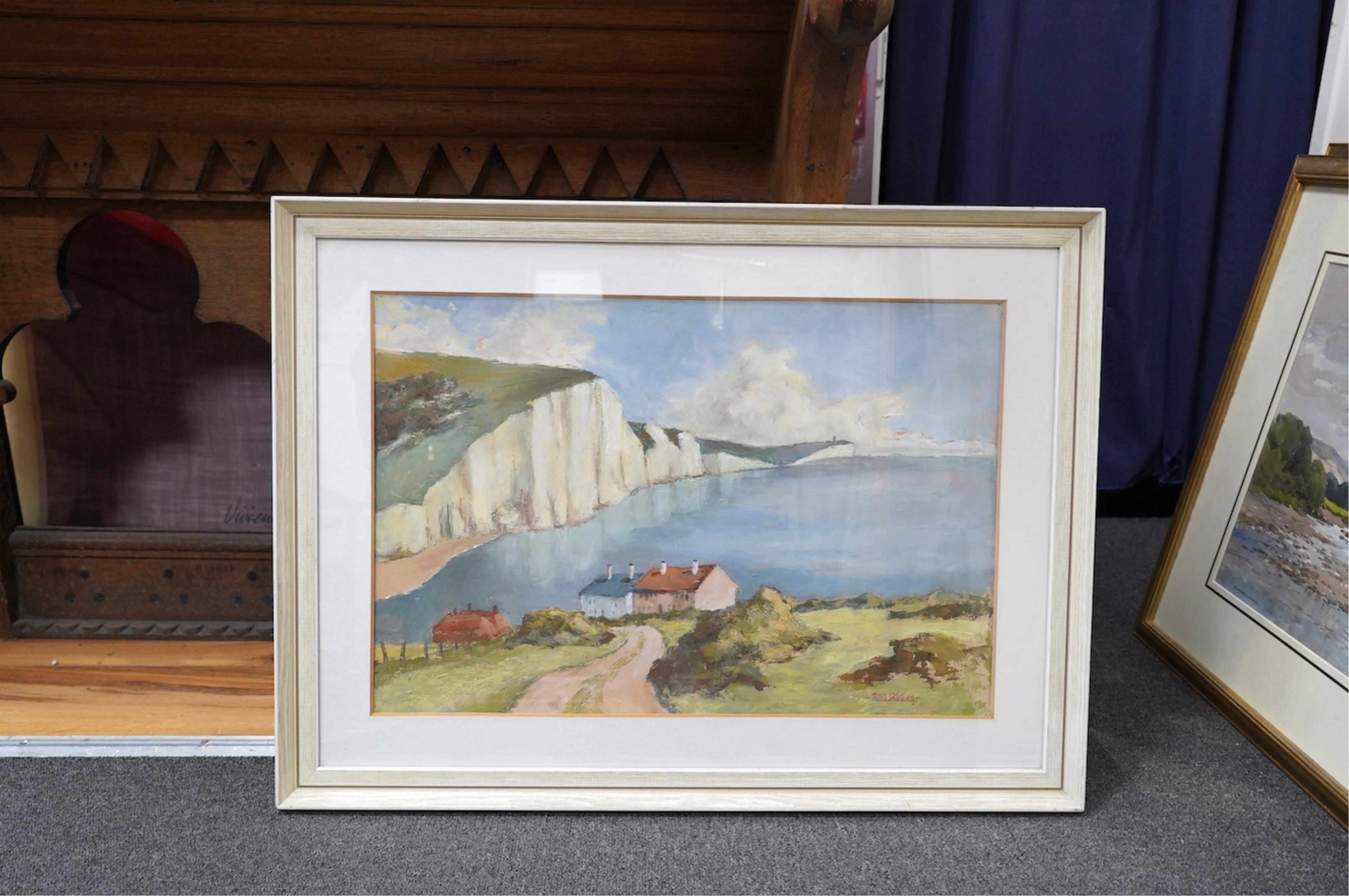 Two watercolours comprising Ernest William Haslehust (1866-1949), ‘Springtime near Fletching’ and ‘On the Weir’ and Rosa Harding, oil, Seven Sisters, each signed, 36 x 54cm. Condition - fair to good